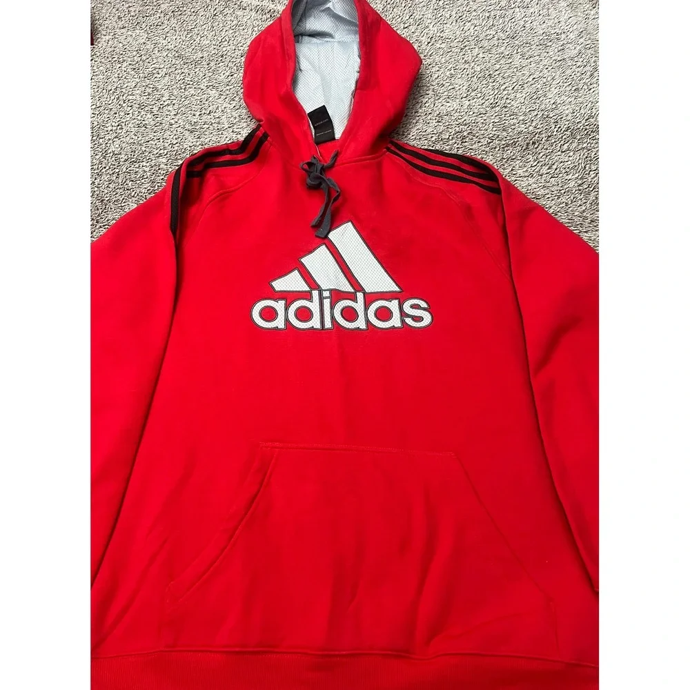 Adidas Hoodie Mens Large Red Badge of Sport 3 Stripe Pullover Fleece Sweatshirt